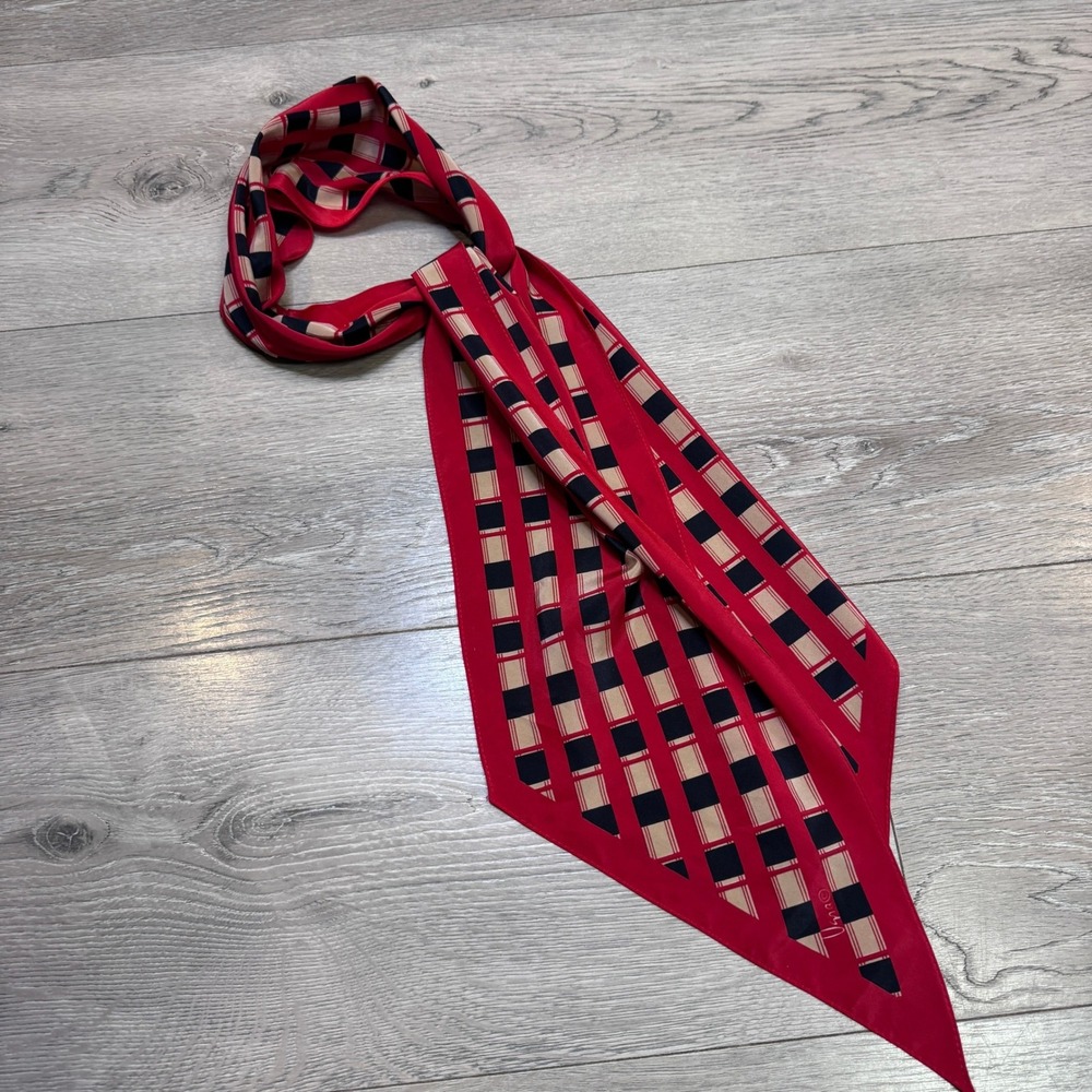 Vintage Veresa by Vera Red Black Tan Geometric Grid Oblong Scarf Made in Japan